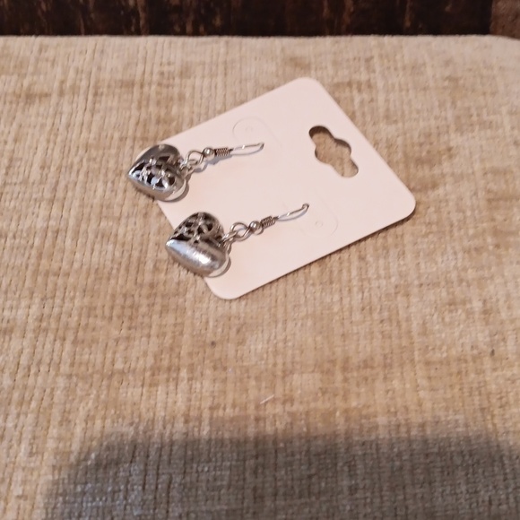 Silver Tone Heart Drop French Wire Earrings - Picture 5 of 8